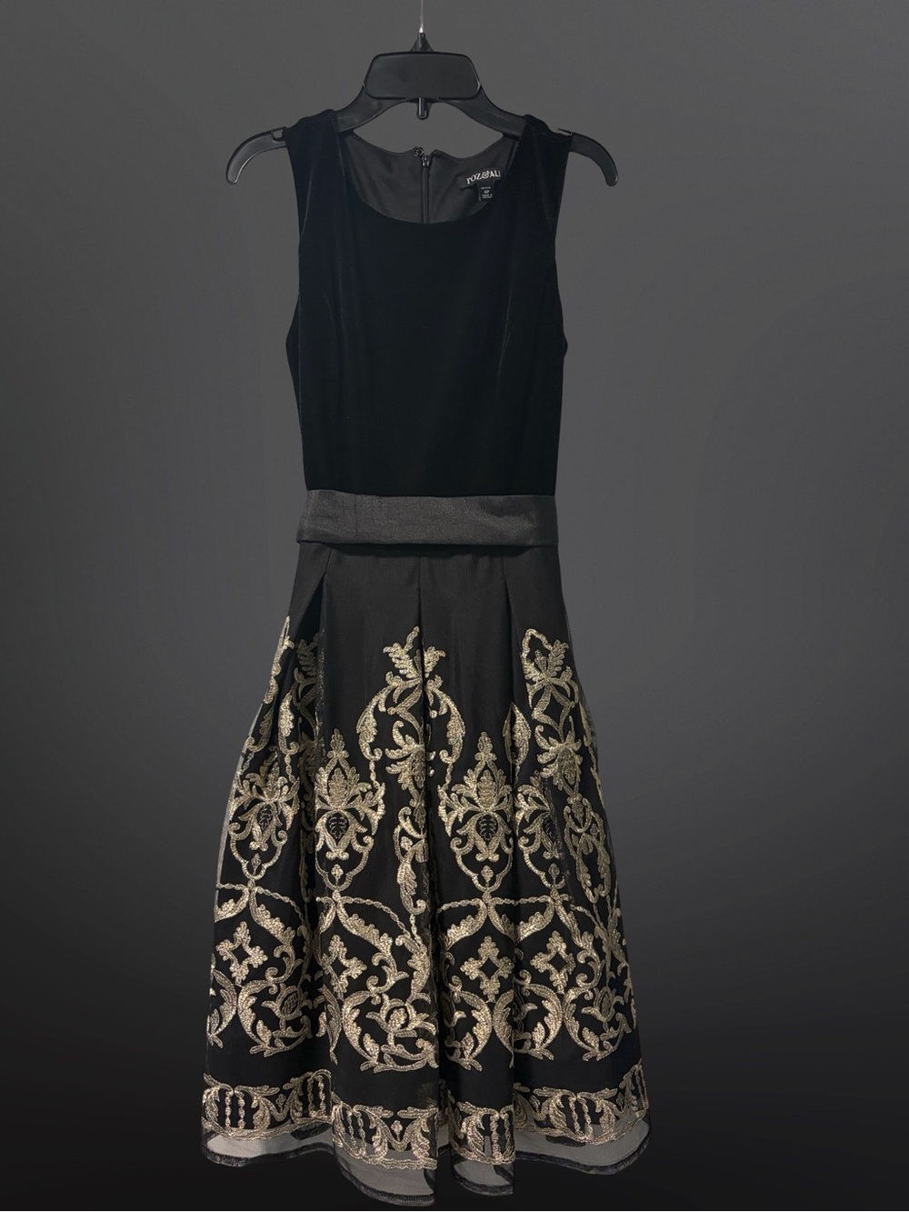 Black & Gold Embroidered Fit-and-Flare Dress